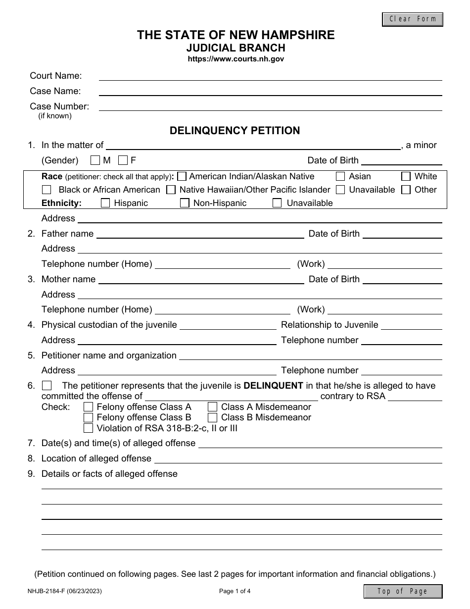 Form NHJB-2184-F Delinquency Petition - New Hampshire, Page 1