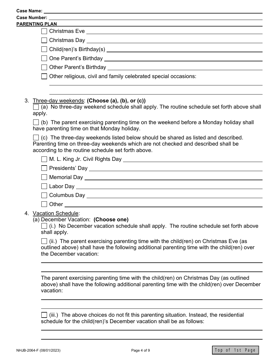 Form NHJB-2064-F Parenting Plan - New Hampshire, Page 4