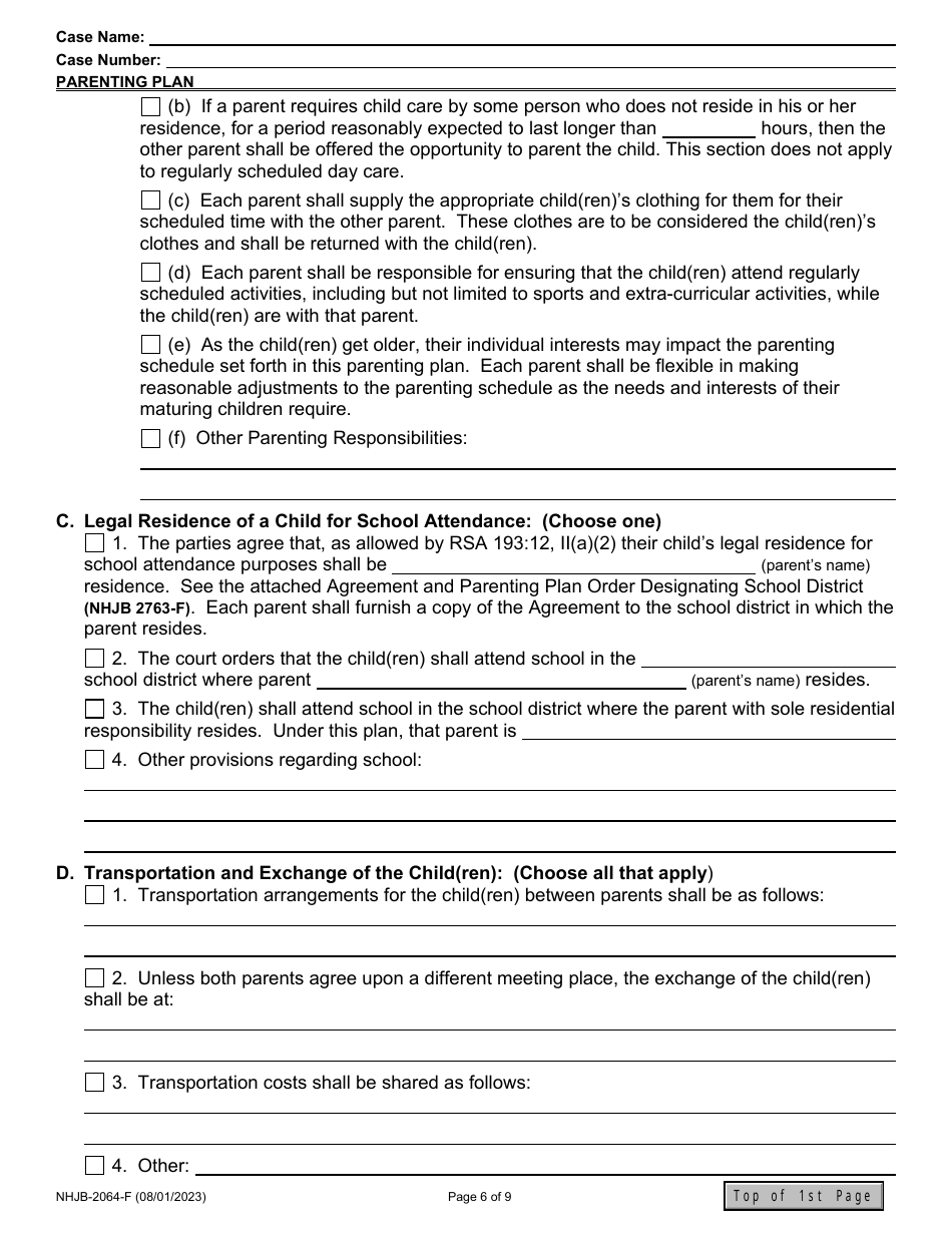 Form NHJB-2064-F Parenting Plan - New Hampshire, Page 6