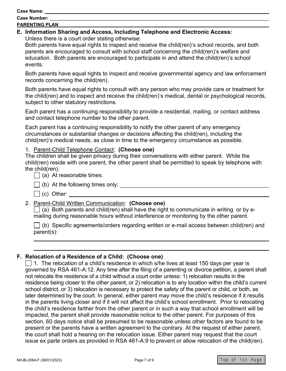 Form NHJB-2064-F Parenting Plan - New Hampshire, Page 7