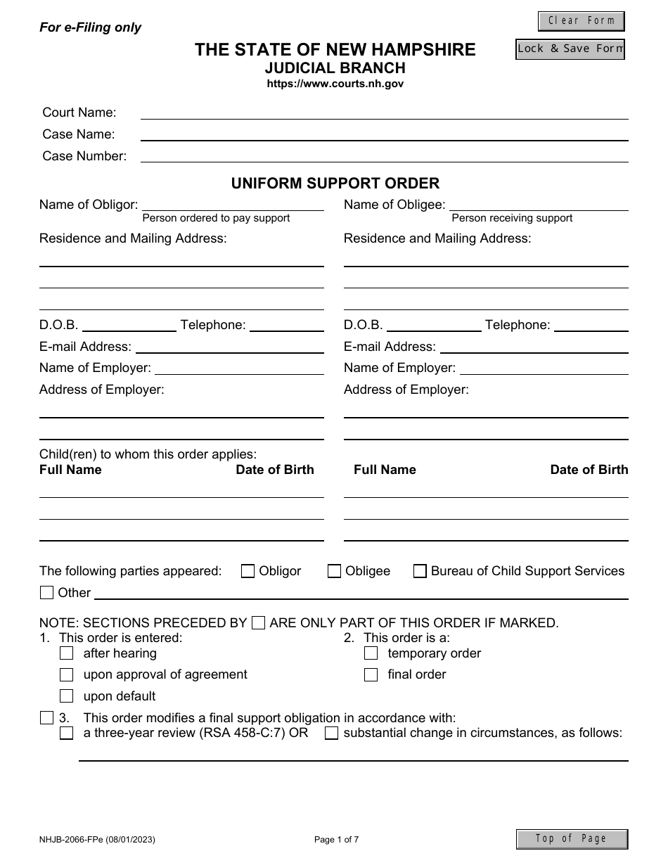 Form NHJB-2066-FPE Uniform Support Order - New Hampshire, Page 1