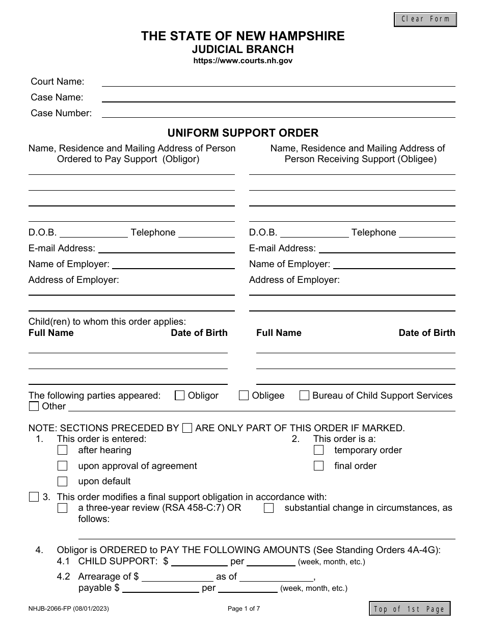 Form NHJB-2066-FP Uniform Support Order - New Hampshire, Page 1