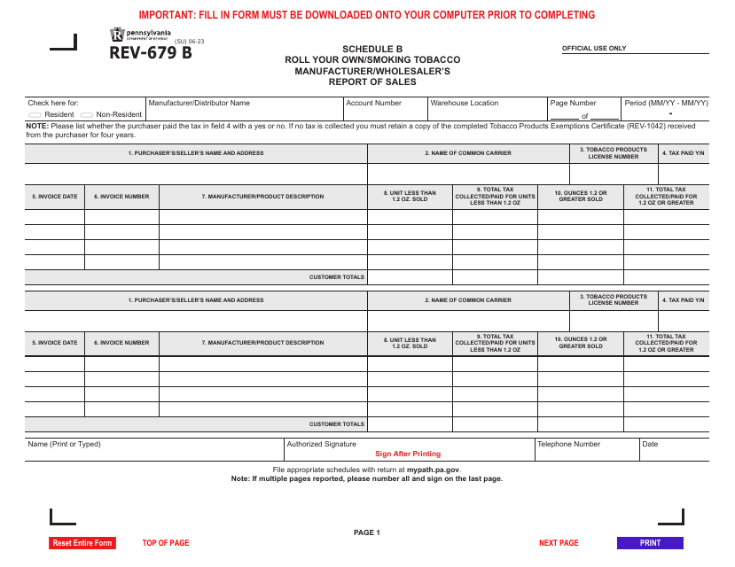 Form REV-679 B Schedule B Roll Your Own/Smoking Tobacco Manufacturer/Wholesaler's Report of Sales - Pennsylvania