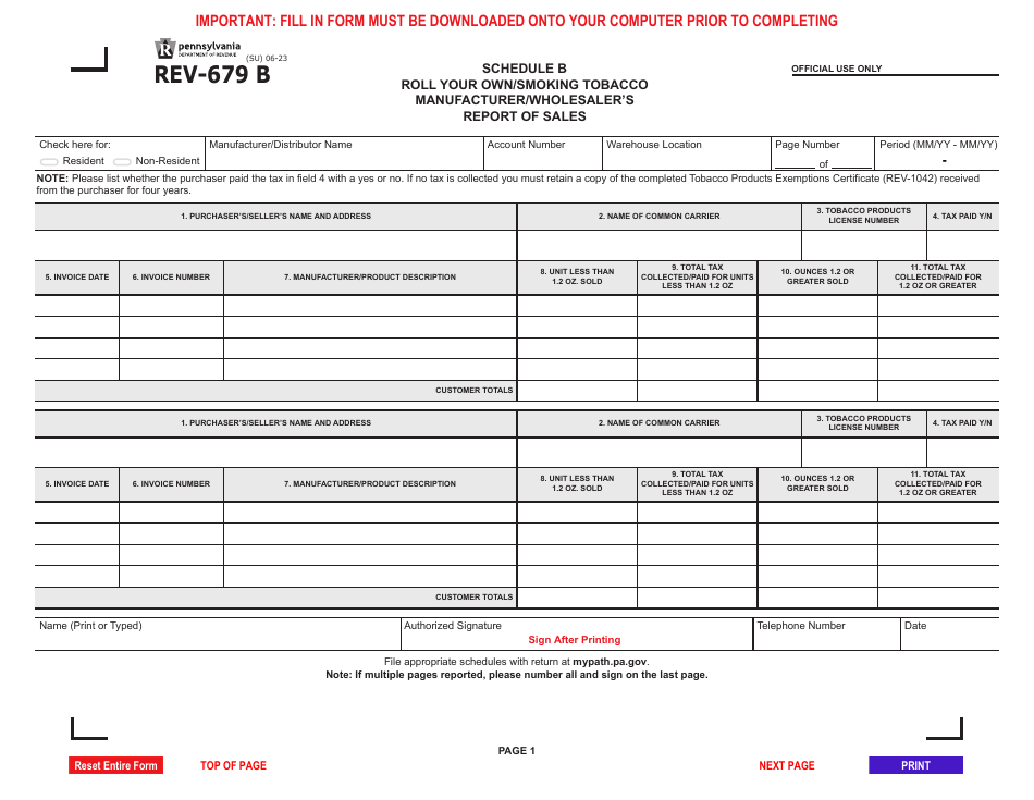 Form REV-679 B Schedule B Roll Your Own / Smoking Tobacco Manufacturer / Wholesalers Report of Sales - Pennsylvania, Page 1