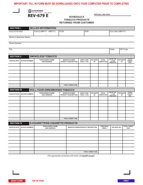 Form REV-679 E Schedule E Tobacco Products Returned From Customer - Pennsylvania