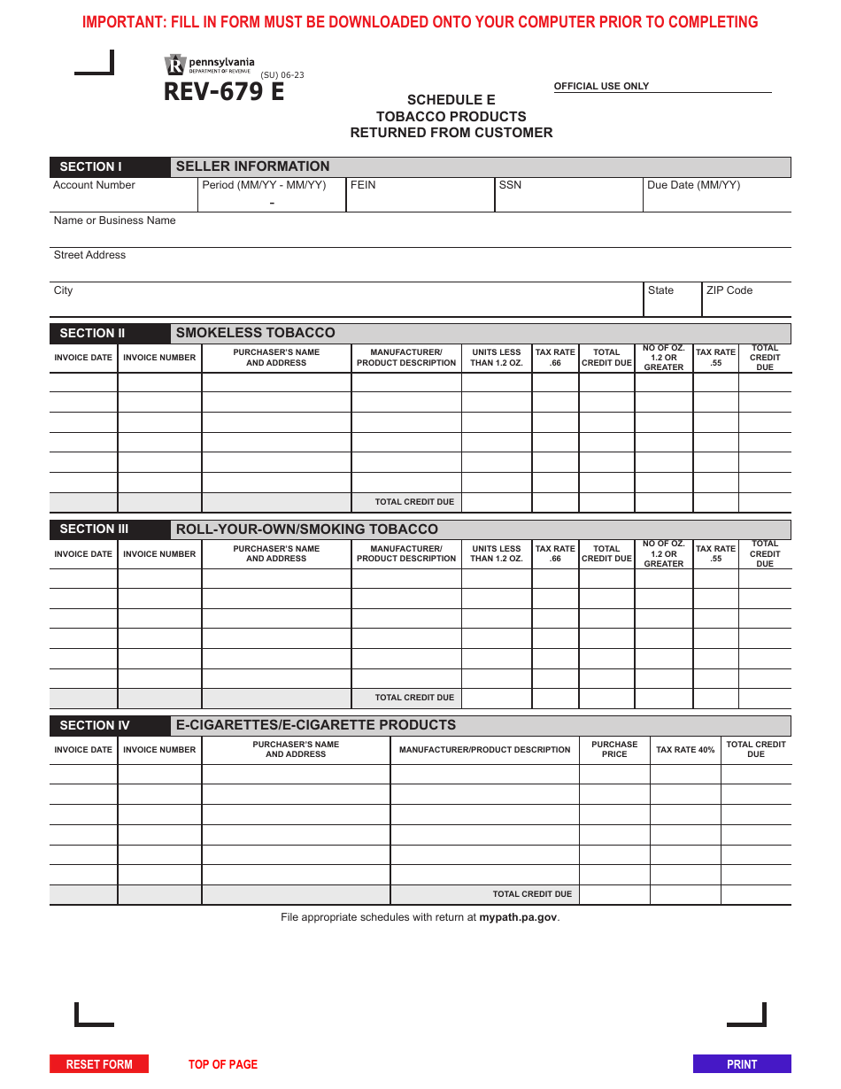 Form REV-679 E Schedule E Tobacco Products Returned From Customer - Pennsylvania, Page 1