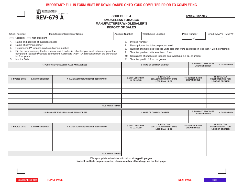 Form REV-679 A Schedule A Smokeless Tobacco Manufacturer / Wholesalers Report of Sales - Pennsylvania, Page 1