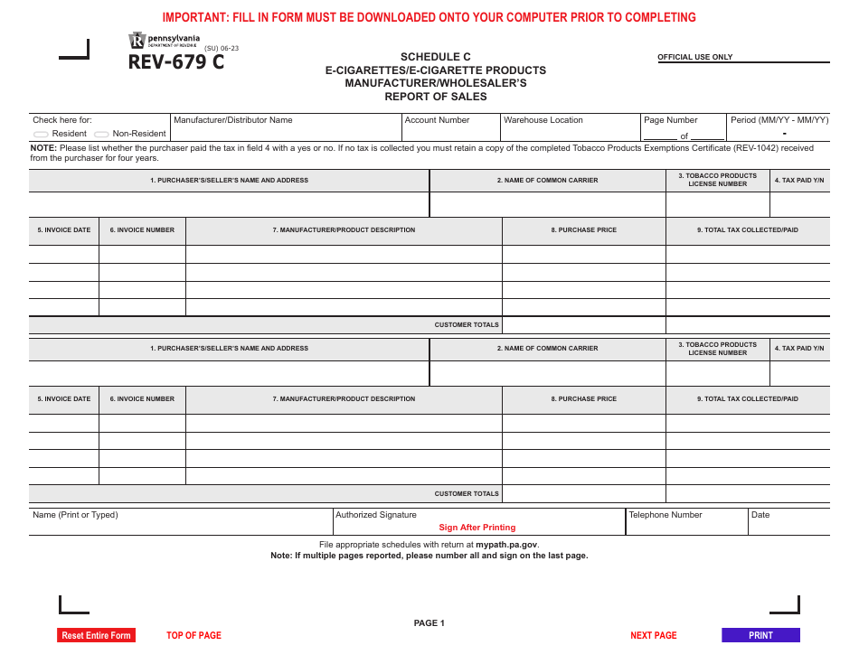 Form REV-679 C Schedule C E-Cigarettes / E-Cigarette Products Manufacturer / Wholesalers Report of Sales - Pennsylvania, Page 1
