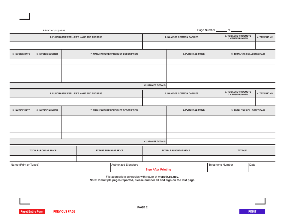 Form REV-679 C Schedule C E-Cigarettes / E-Cigarette Products Manufacturer / Wholesalers Report of Sales - Pennsylvania, Page 2