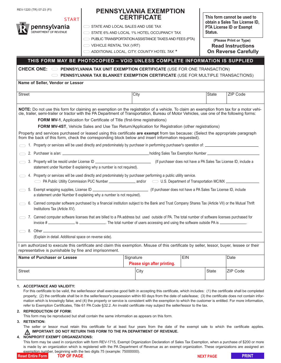 Form REV-1220 Pennsylvania Exemption Certificate - Pennsylvania, Page 1