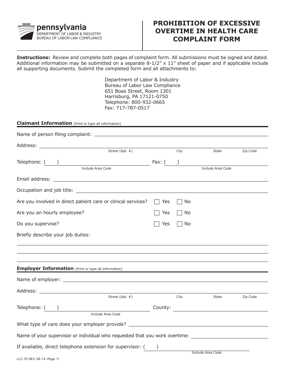 Form LLC-70 Prohibition of Excessive Overtime in Health Care Complaint Form - Pennsylvania, Page 1