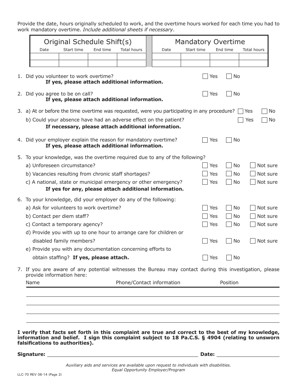 Form LLC-70 Prohibition of Excessive Overtime in Health Care Complaint Form - Pennsylvania, Page 2