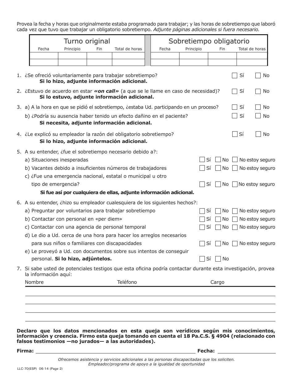 Formulario LLC-70 Prohibicion De Sobretiempo Excesivo En La Atencion Medica Formulario De Queja - Pennsylvania (Spanish), Page 2