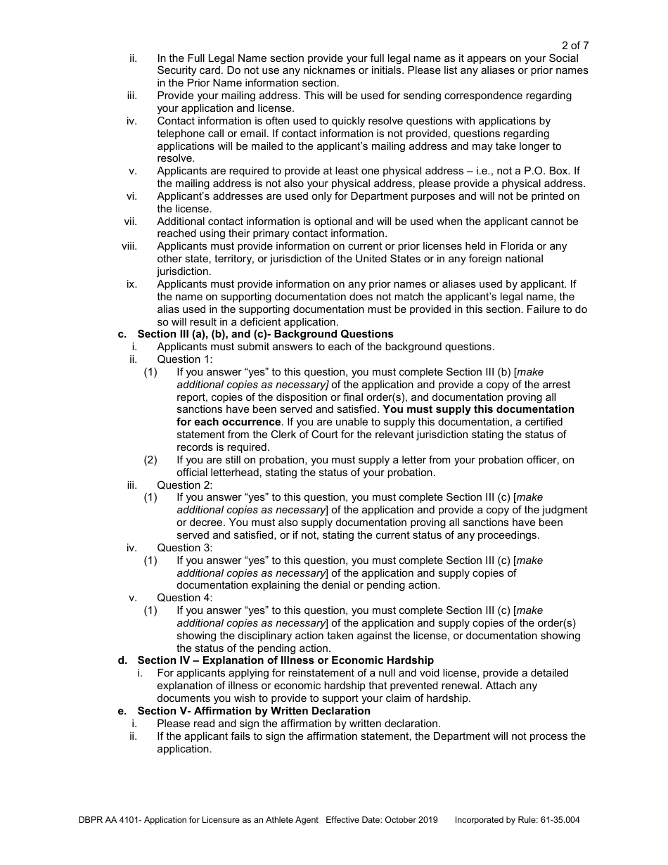 Form DBPR AA-4101 Application for Licensure as an Athlete Agent - Florida, Page 3