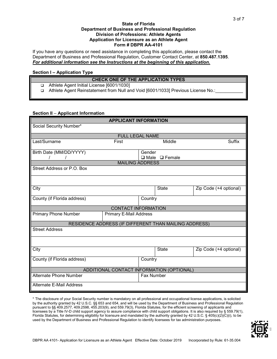 Form DBPR AA-4101 Application for Licensure as an Athlete Agent - Florida, Page 4