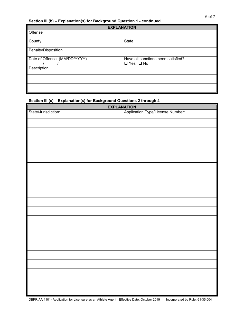 Form DBPR AA-4101 Application for Licensure as an Athlete Agent - Florida, Page 7