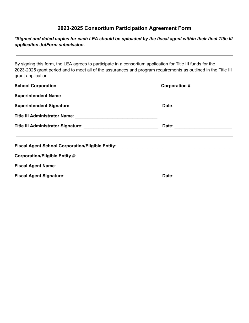 2025 Indiana Consortium Participation Agreement Form Fill Out, Sign