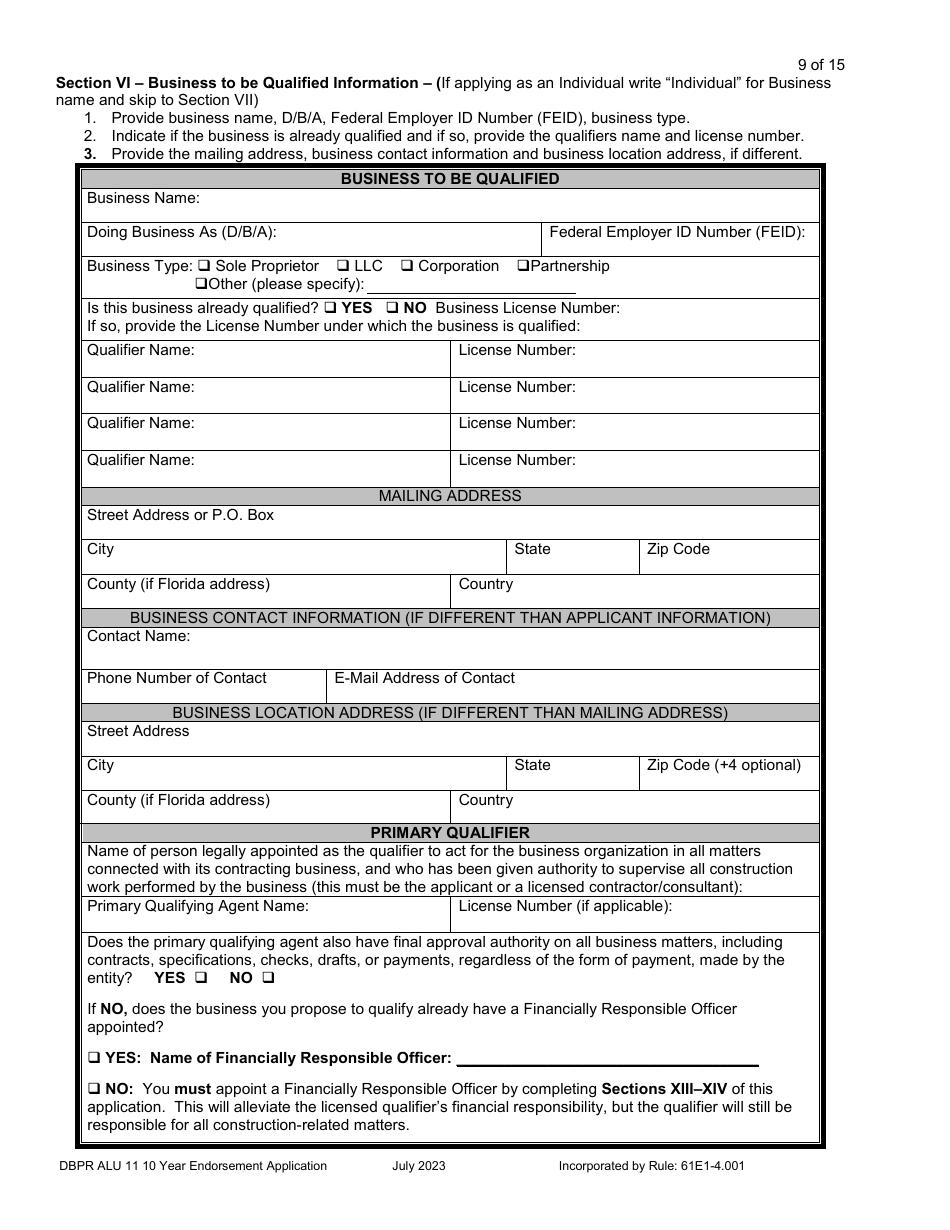 Form DBPR ALU11 Application for Licensure by 10 Year Endorsement - Florida, Page 10