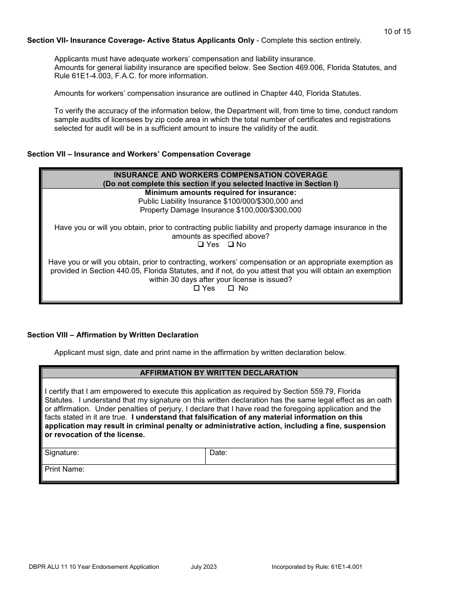 Form DBPR ALU11 Application for Licensure by 10 Year Endorsement - Florida, Page 11