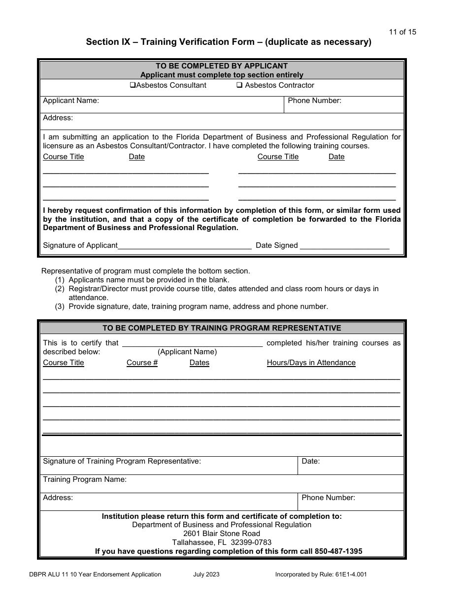Form DBPR ALU11 Application for Licensure by 10 Year Endorsement - Florida, Page 12