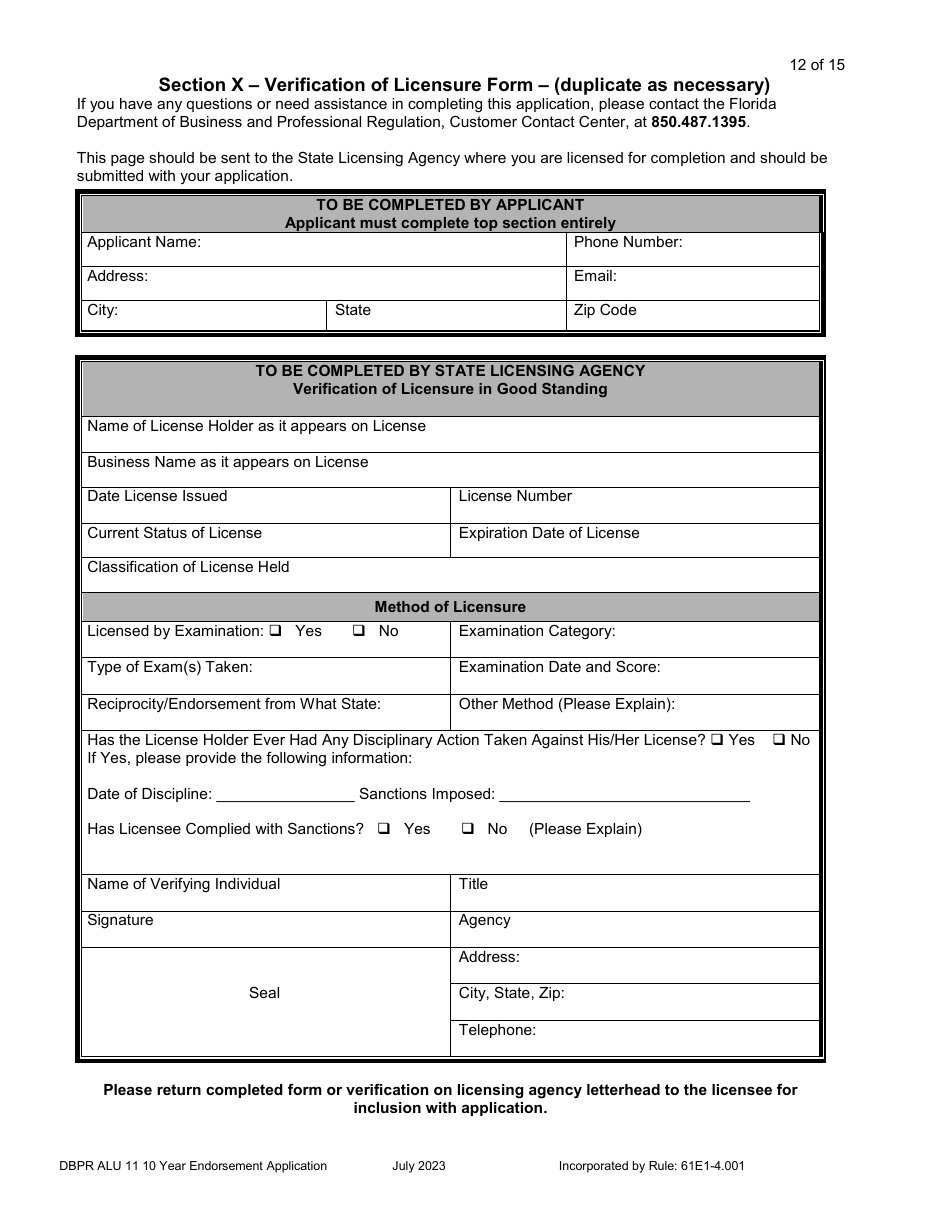 Form DBPR ALU11 Application for Licensure by 10 Year Endorsement - Florida, Page 13