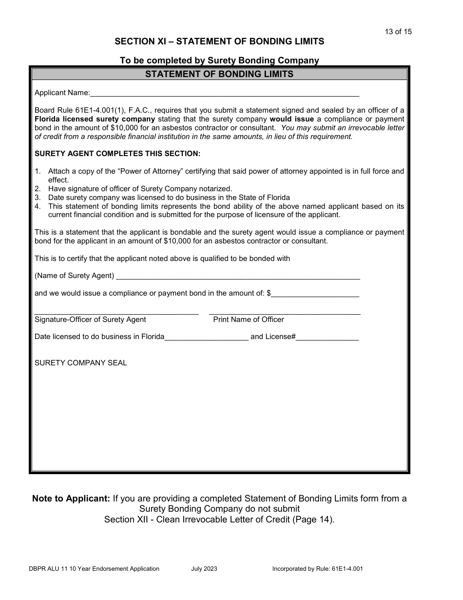 Form DBPR ALU11 Application for Licensure by 10 Year Endorsement - Florida, Page 14
