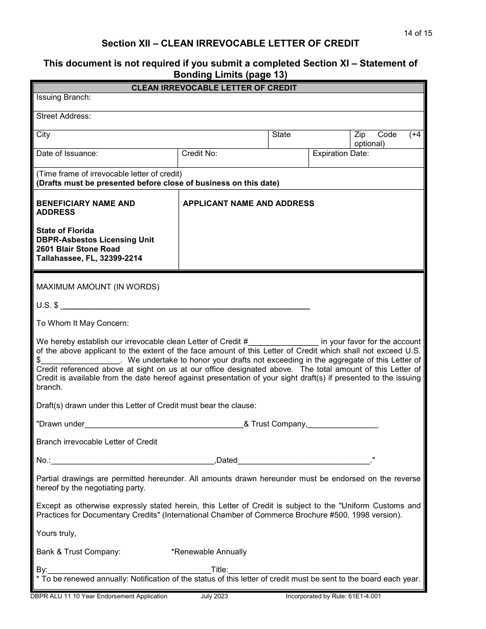 Form DBPR ALU11 Application for Licensure by 10 Year Endorsement - Florida, Page 15