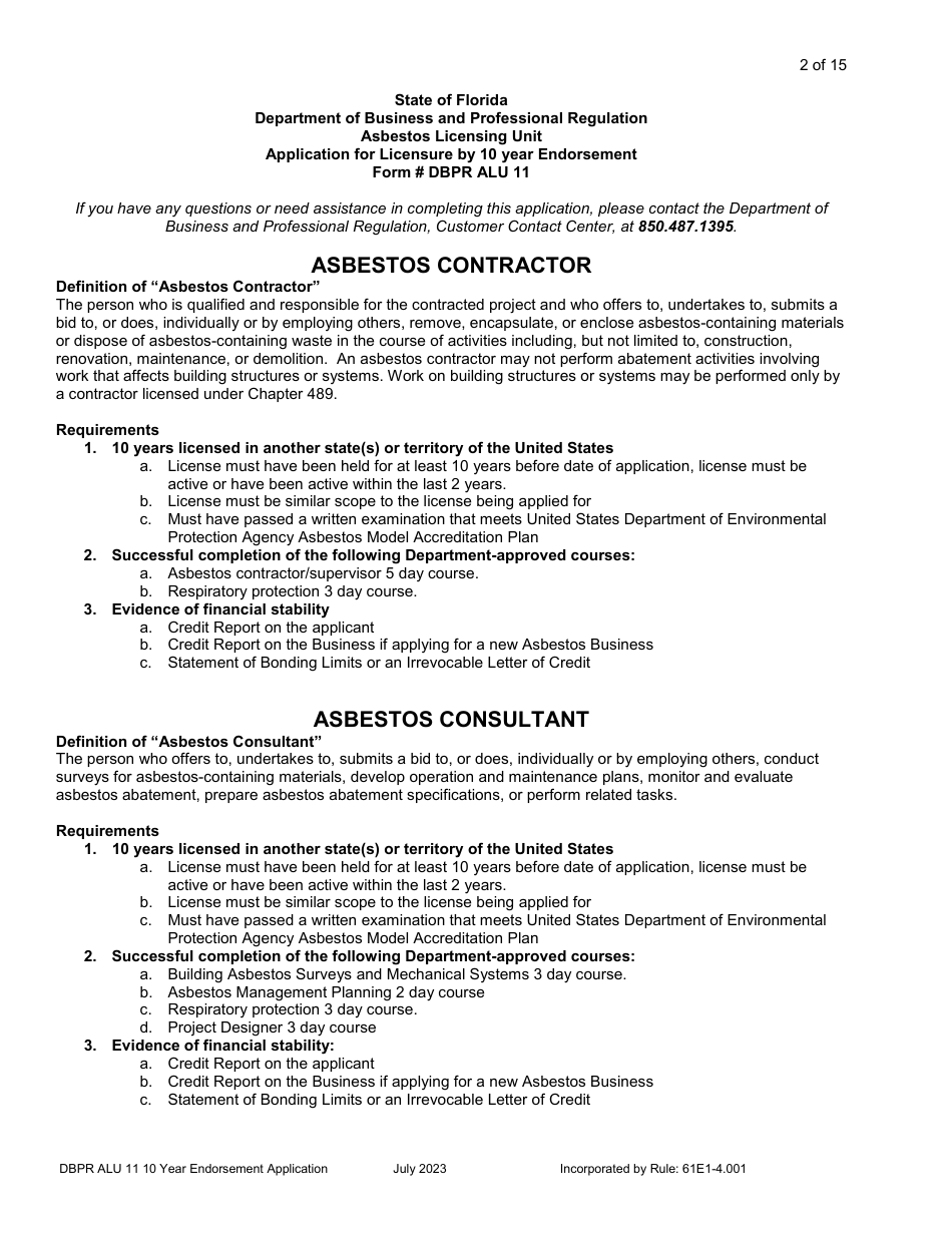 Form DBPR ALU11 Application for Licensure by 10 Year Endorsement - Florida, Page 3