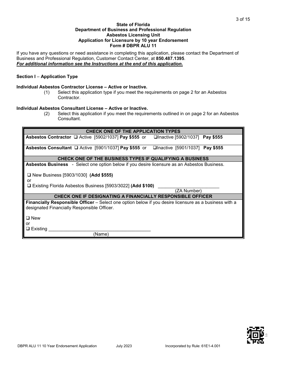 Form DBPR ALU11 Application for Licensure by 10 Year Endorsement - Florida, Page 4