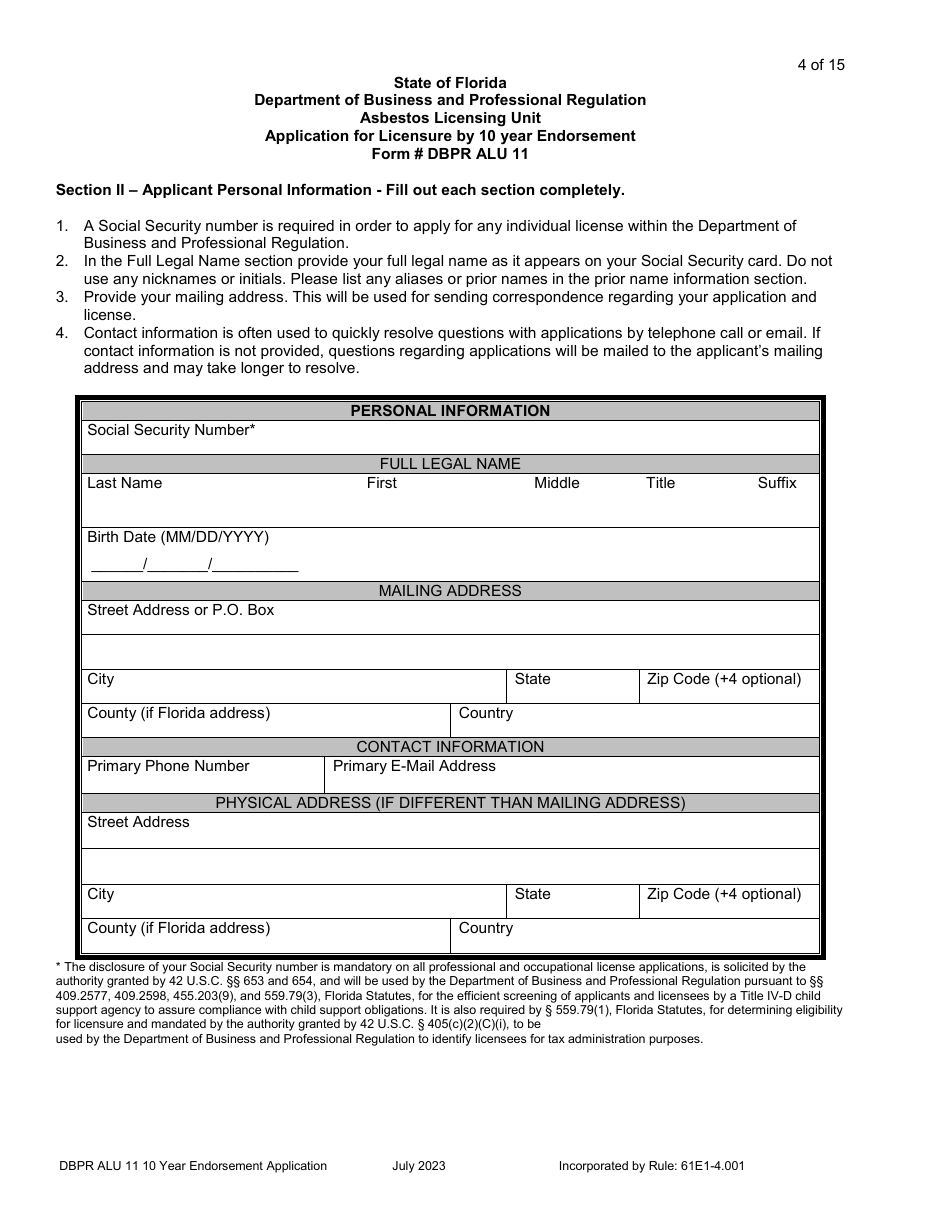 Form DBPR ALU11 Application for Licensure by 10 Year Endorsement - Florida, Page 5