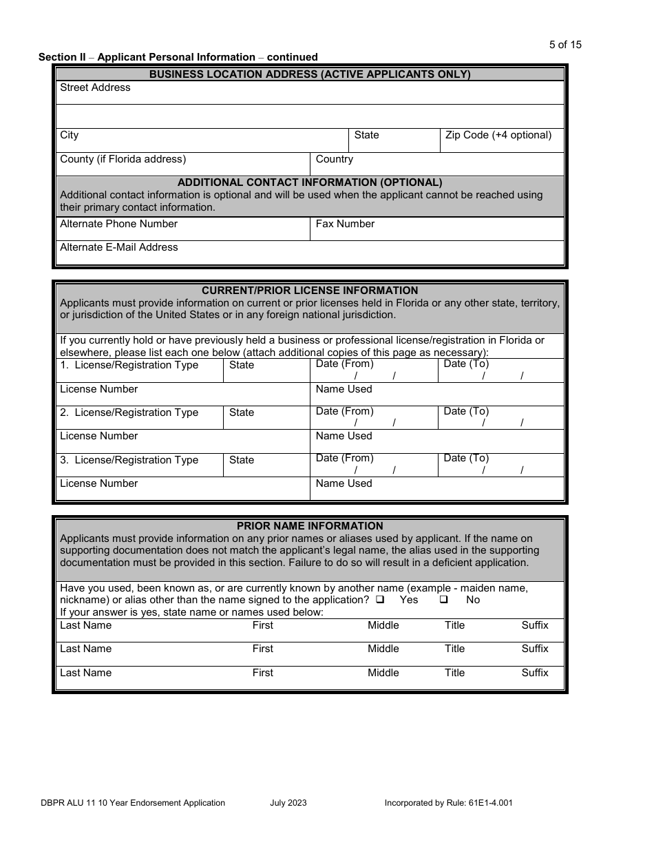 Form DBPR ALU11 Application for Licensure by 10 Year Endorsement - Florida, Page 6