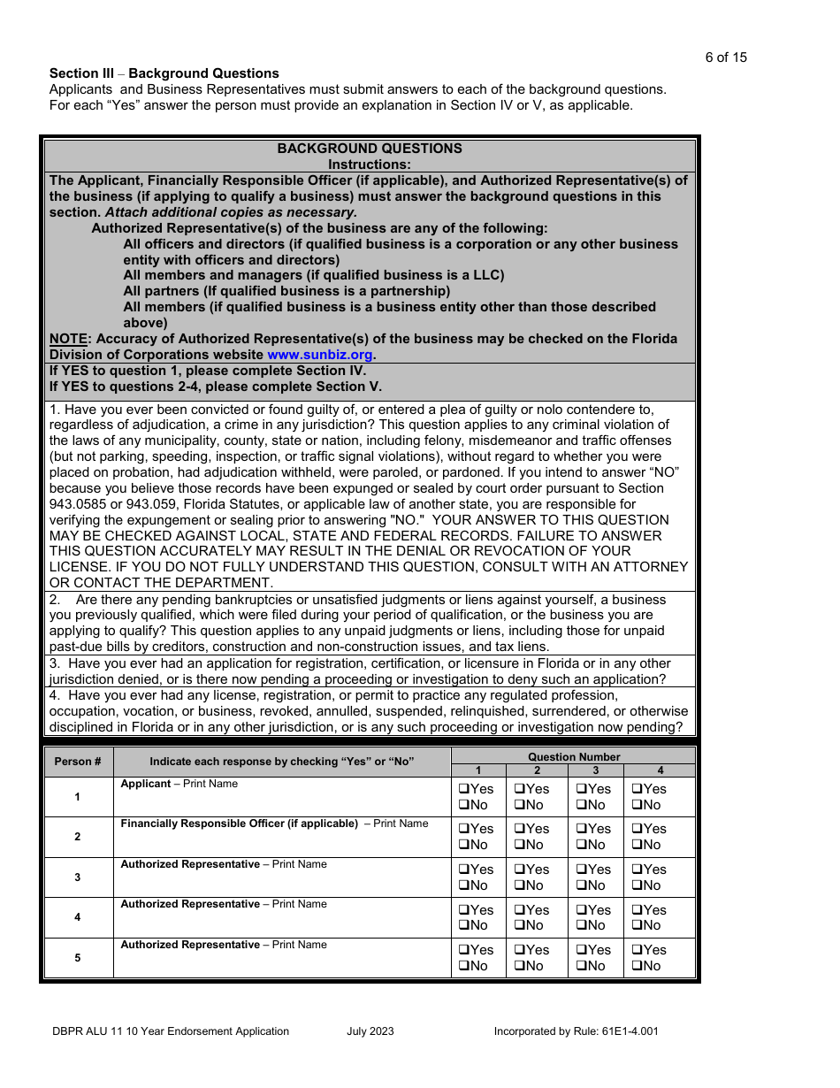 Form DBPR ALU11 Application for Licensure by 10 Year Endorsement - Florida, Page 7