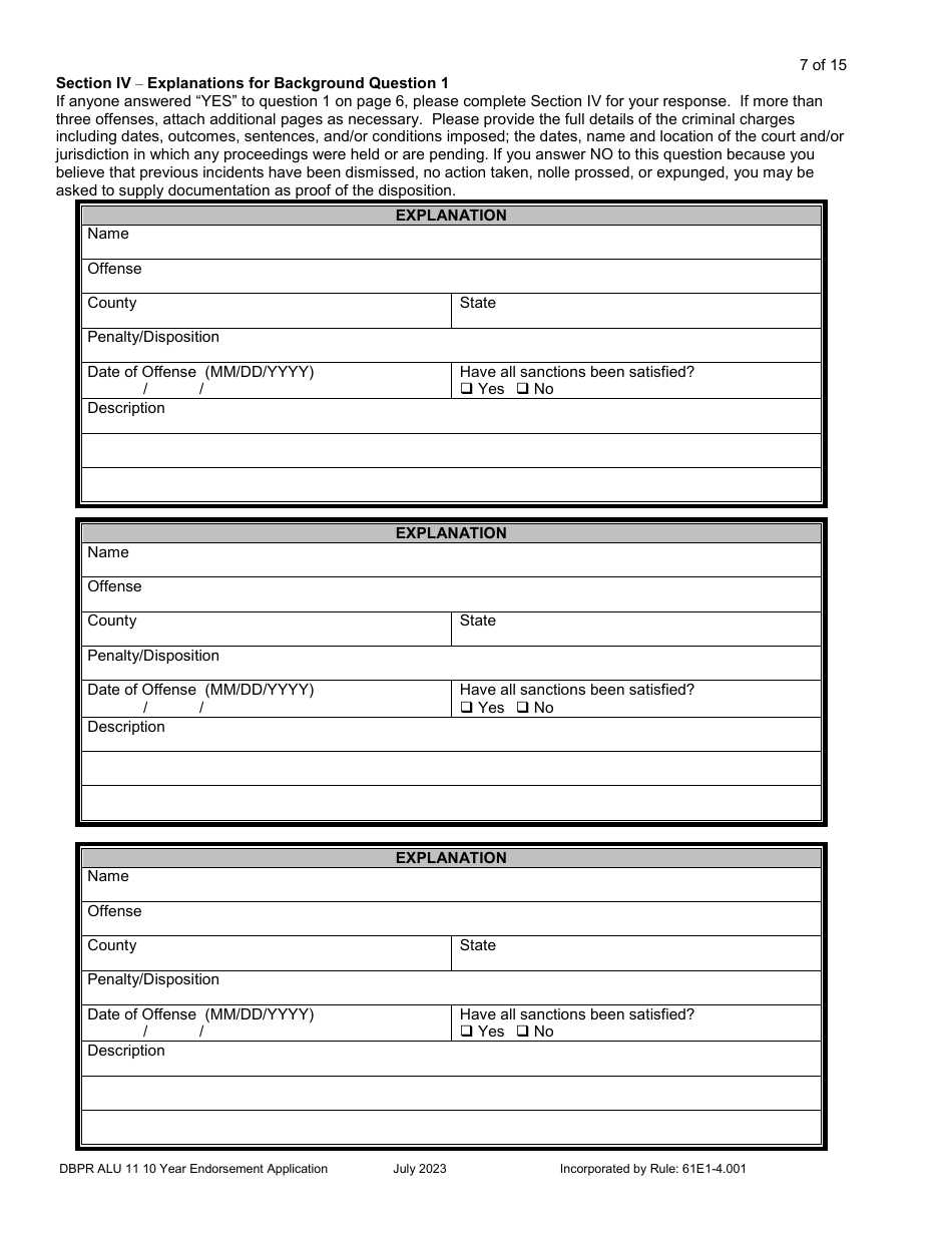 Form DBPR ALU11 Application for Licensure by 10 Year Endorsement - Florida, Page 8