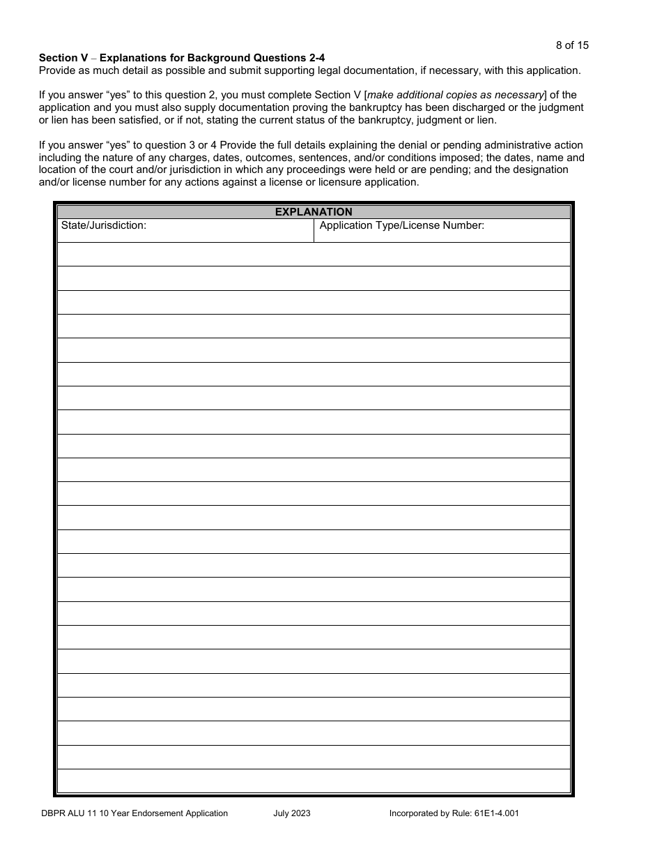 Form DBPR ALU11 Application for Licensure by 10 Year Endorsement - Florida, Page 9