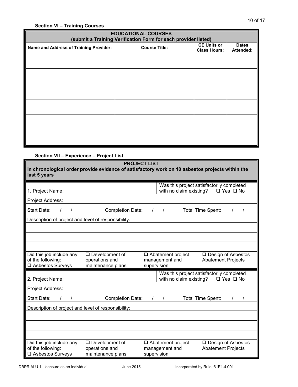 Form DBPR ALU1 Application for Licensure as an Individual - Florida, Page 11