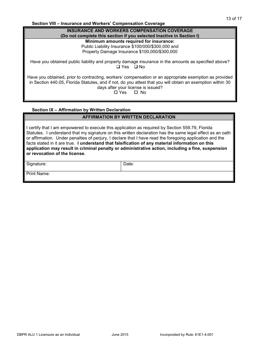 Form DBPR ALU1 Application for Licensure as an Individual - Florida, Page 14