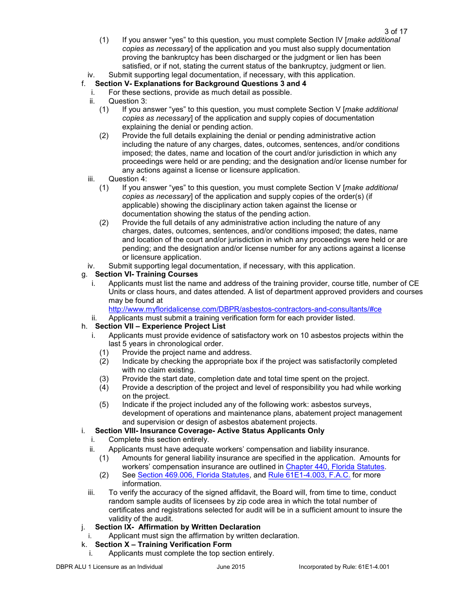 Form DBPR ALU1 Application for Licensure as an Individual - Florida, Page 4