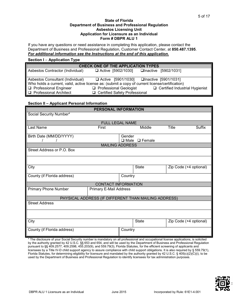 Form DBPR ALU1 Application for Licensure as an Individual - Florida, Page 6