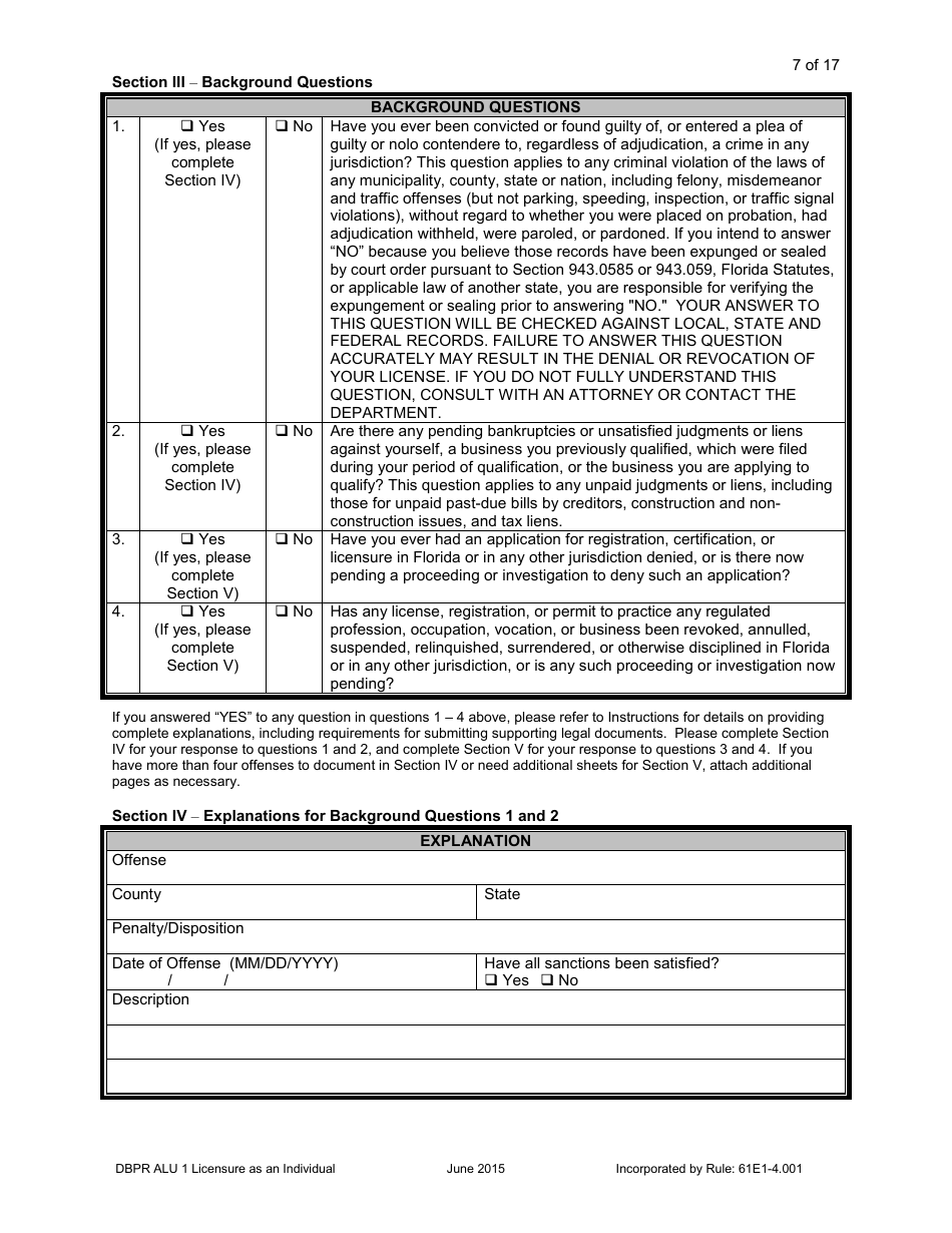 Form DBPR ALU1 Application for Licensure as an Individual - Florida, Page 8