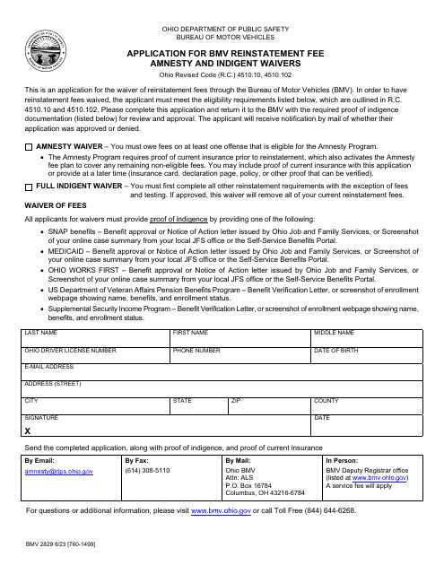 Form BMV2829 Application for Bmv Reinstatement Fee Amnesty and Indigent Waivers - Ohio