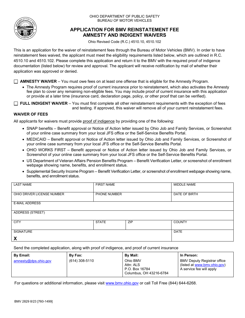 Form BMV2829 Application for Bmv Reinstatement Fee Amnesty and Indigent Waivers - Ohio, Page 1