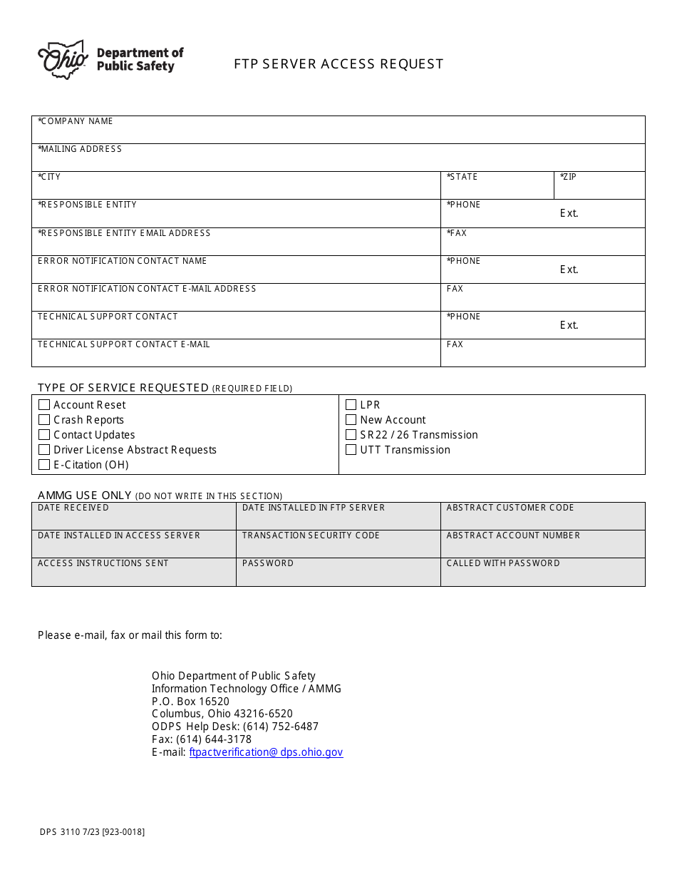 Form DPS3110 Ftp Server Access Request - Ohio, Page 1