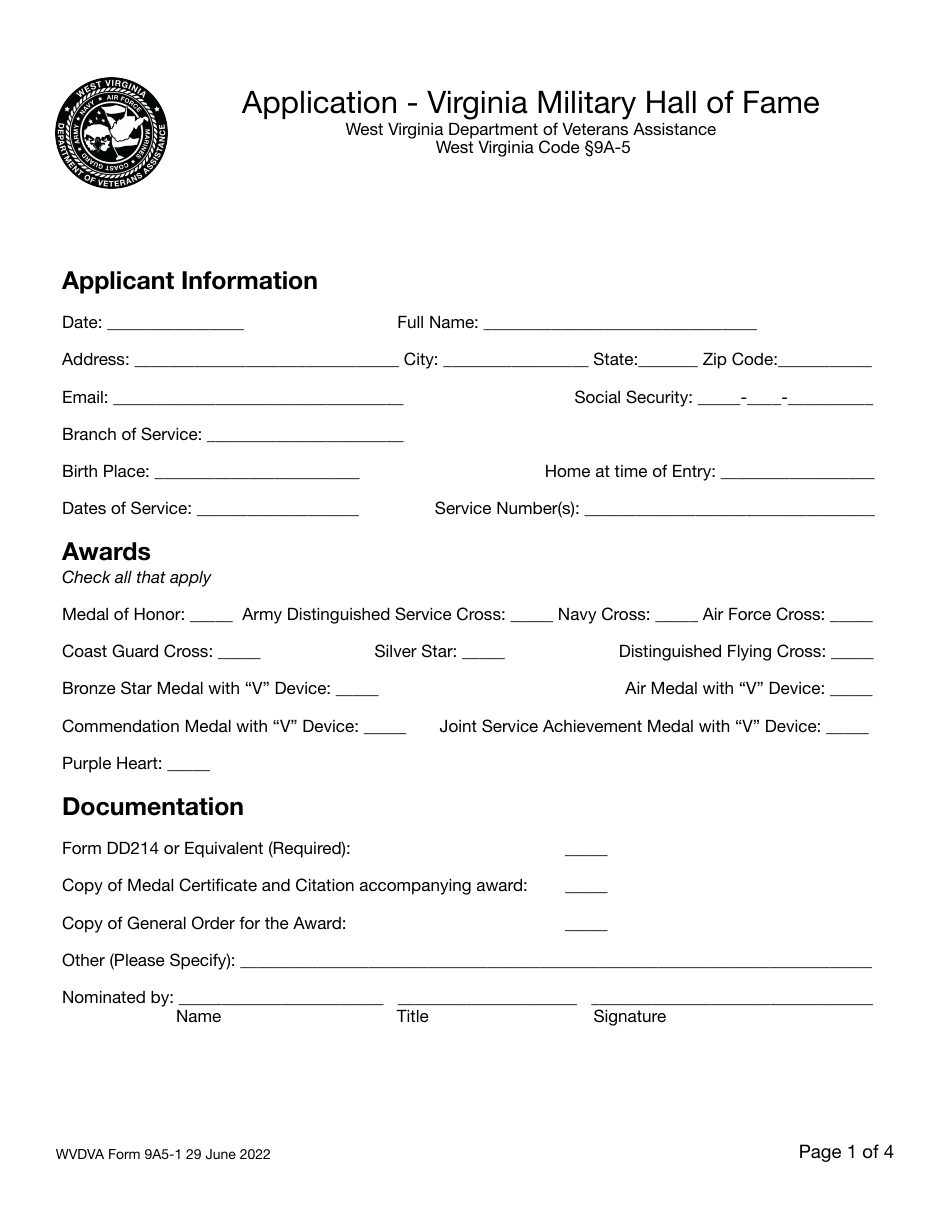 WVDVA Form 9A5-1 Application - Virginia Military Hall of Fame - West Virginia, Page 1