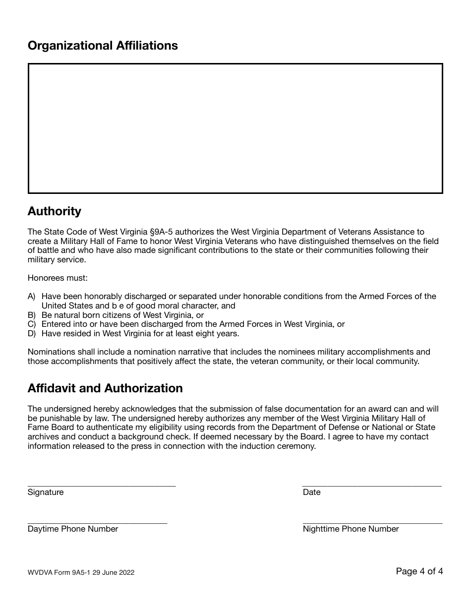 WVDVA Form 9A5-1 Application - Virginia Military Hall of Fame - West Virginia, Page 4