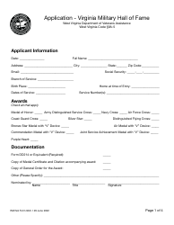 Document preview: WVDVA Form 9A5-1 Application - Virginia Military Hall of Fame - West Virginia