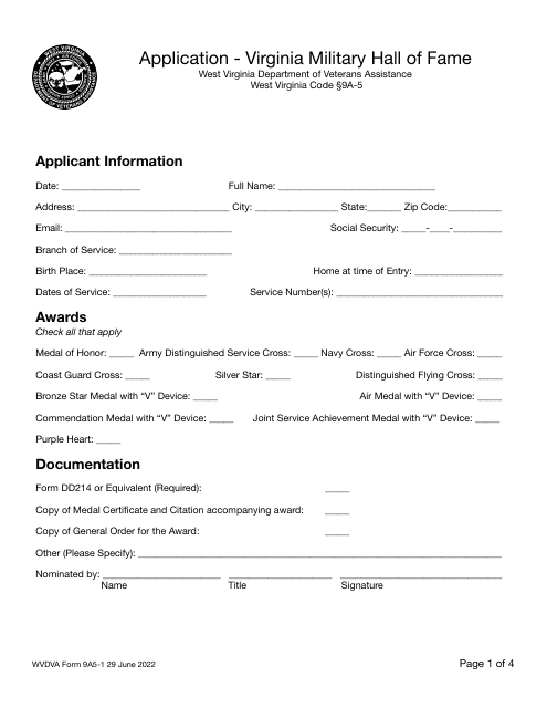 WVDVA Form 9A5-1 Application - Virginia Military Hall of Fame - West Virginia