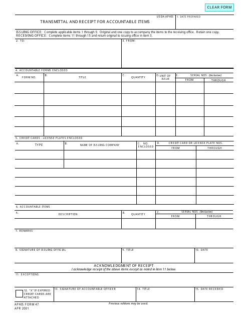 APHIS Form 47 Transmittal and Receipt for Accountable Items