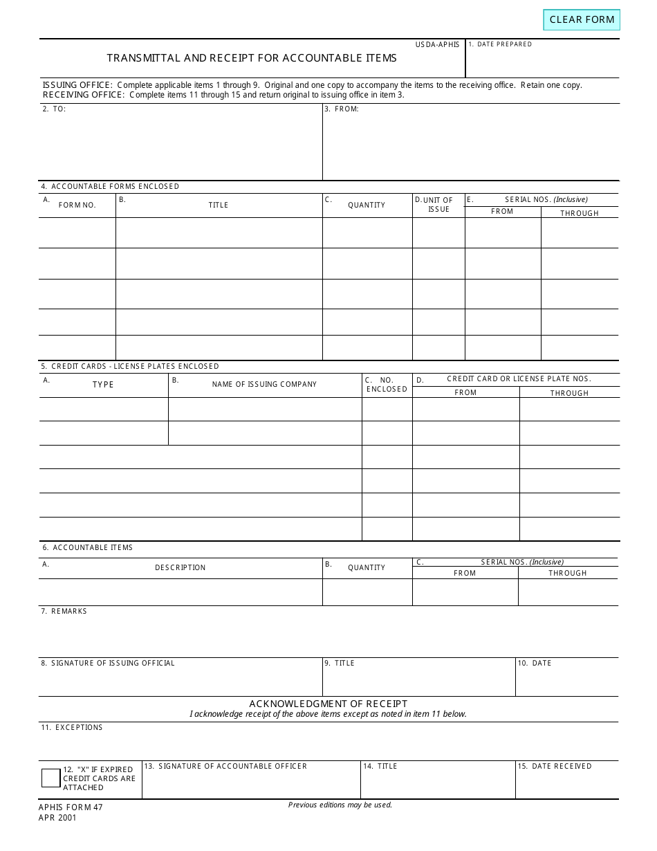 APHIS Form 47 Transmittal and Receipt for Accountable Items, Page 1