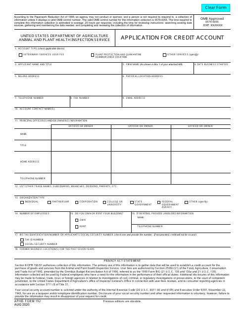 APHIS Form 192 Application for Credit Account