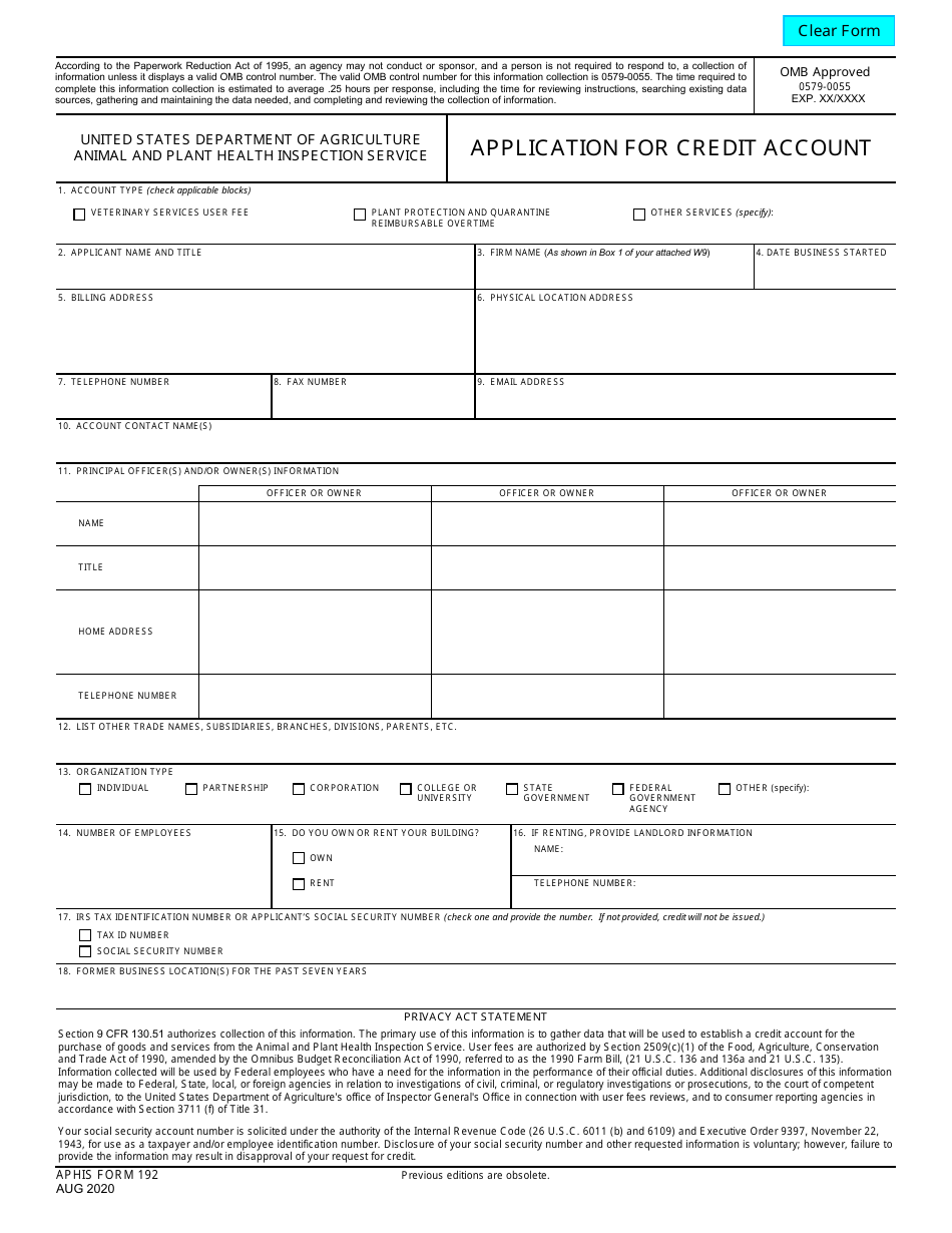 APHIS Form 192 Application for Credit Account, Page 1